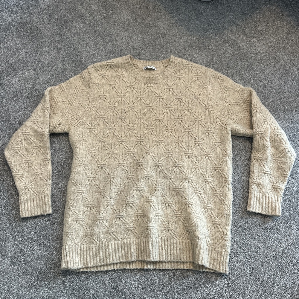 Zara Tan Crewneck Sweater Chunky Knit